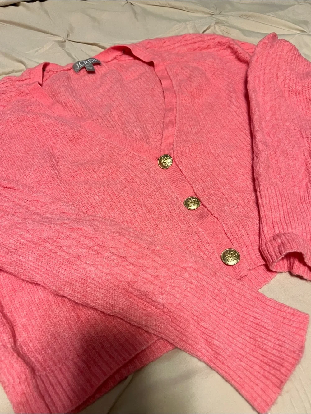 J. Crew Coral Pink Button-Front Cable Cardigan